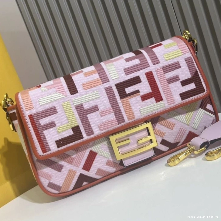 Cheap HOT Canvas Multi Motif Bag In Fendi Medium Baguette FF Pink 0819